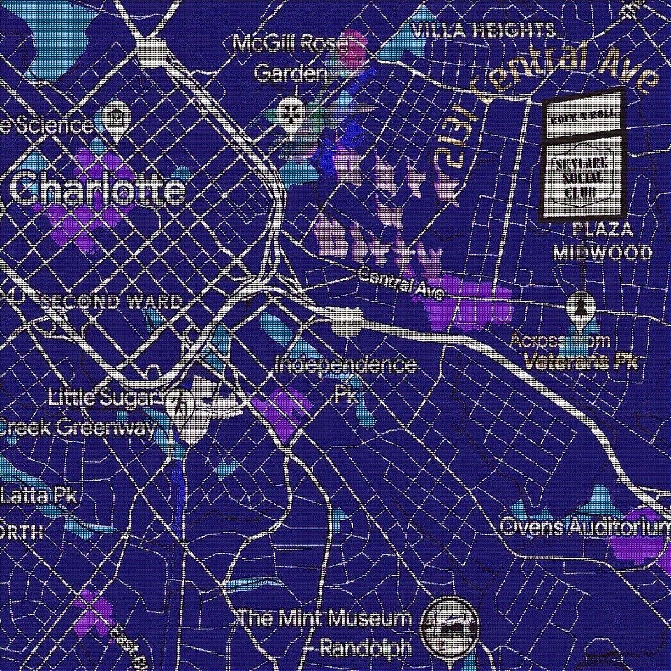 Map of charlotte with skylark social club landmark and street address